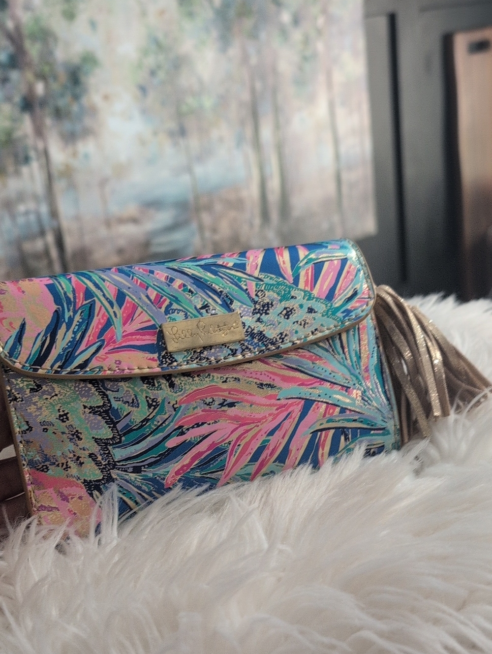 Lilly Pulitzer Multicolor Printed Crossbody Clutch with Gold Tassel